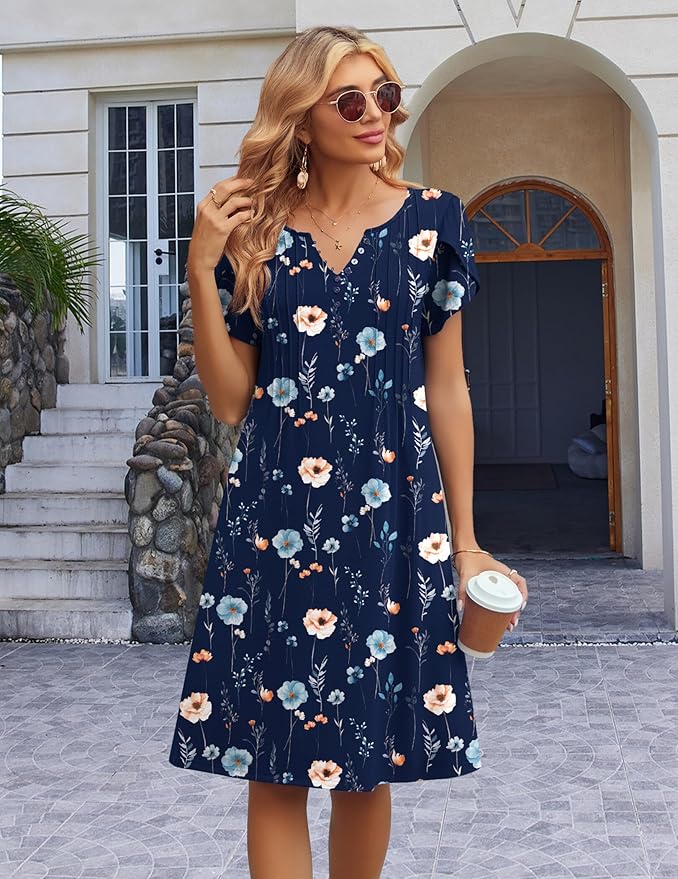 Zeagoo Women's Casual Dresses with Pockets Summer Floral V-Neck A-Line Tshirt Dress Short Sleeve Mini Dress Beach Sundress