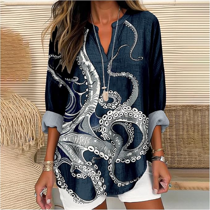 MARSVOVO V Neck Shirt For Women Boho Multi Style Blouse Long Sleeve Novelty Graphic Plus Size Pullover Tops For Women