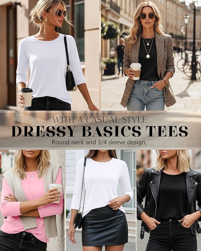 Ficerd 3 Pack 3/4 Sleeve Tops for Women Round Neck Dressy Basics Tees Casual Trendy Loose Fit T Shirts