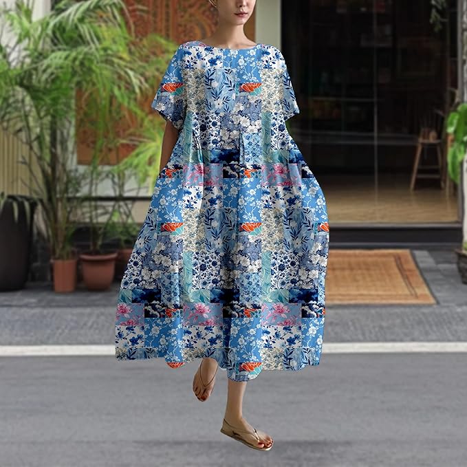 MARSVOVO Patchwork Flowy Dresses for Women Plus Size Loose Casual Tunic Dress Elegant Crewneck Maxi Dresses with Pockets