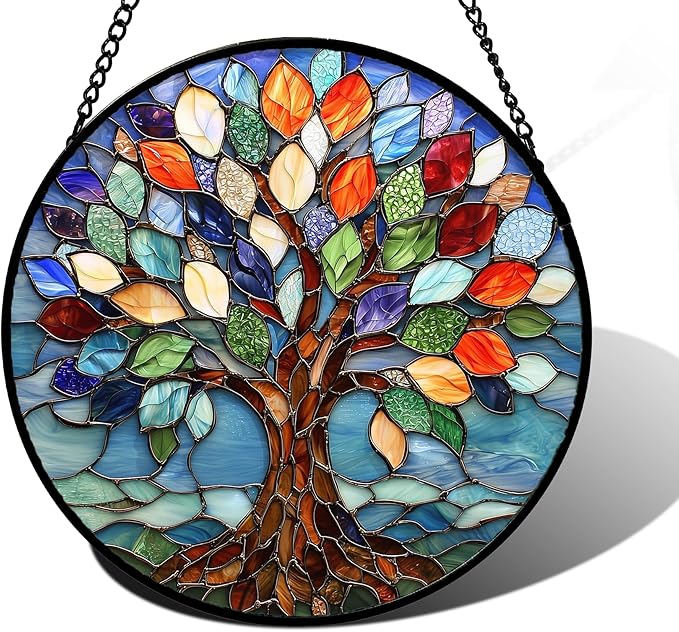 Stained Glass Window Hanging, Colorful Tree of Life Sun Catchers Glass Panel Blue Suncatcher Decor for Birthday for Women, Men, Wife, Aunt, and Mom 11.8x11.8 in