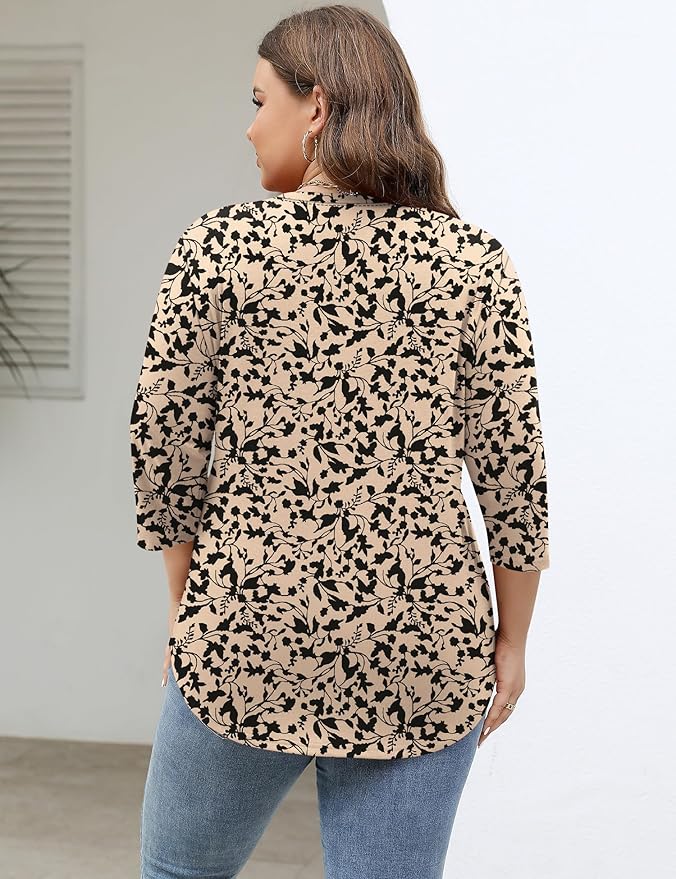 TFSDOD Womens Plus Size Tops V Neck T Shirts 3/4 Sleeve Blouse Summer Casual Tees XL-5X