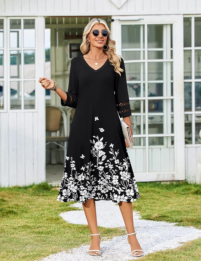 Zeagoo Women's Dresses 3/4 Sleeve Summer Casual V-Neck A Line Flowy Eyelet Midi Dress for Women Beach Vacation Sundress