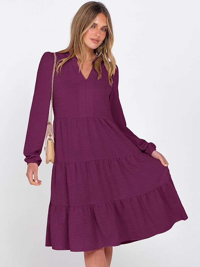 ANRABESS Womens Fall Midi Dresses Long Sleeve V Neck Swing Tiered Work Business Casual 2026 Flowy Beach Vacation Dress