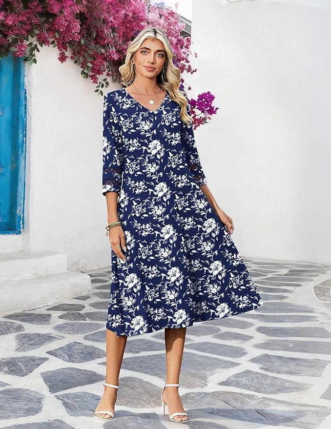 Zeagoo Women's Dresses 3/4 Sleeve Summer Casual V-Neck A Line Flowy Eyelet Midi Dress for Women Beach Vacation Sundress
