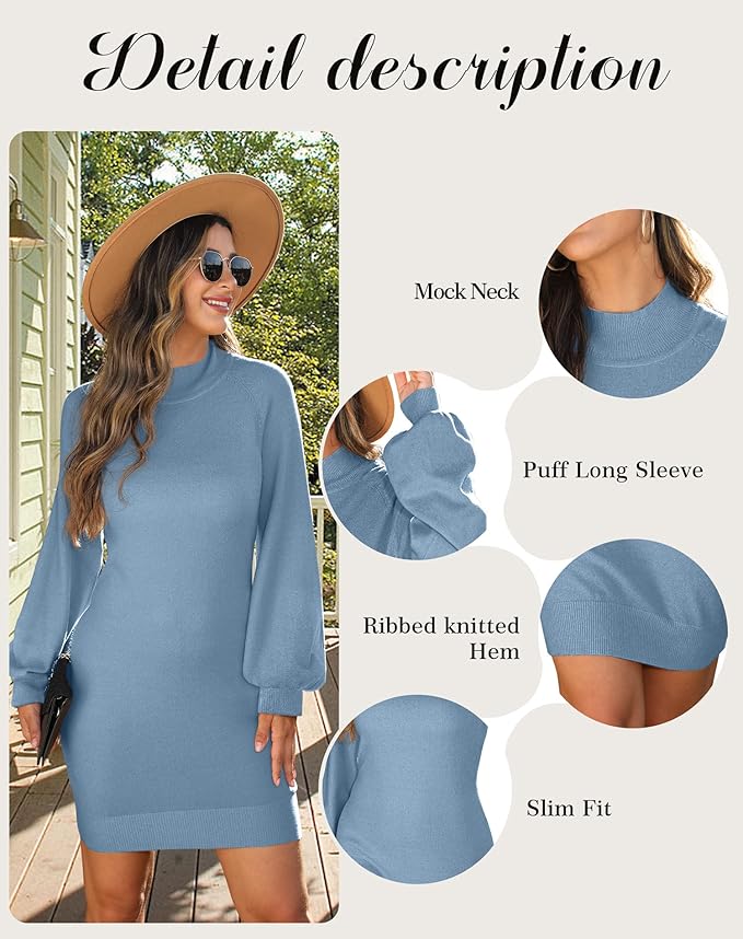 GRECERELLE 2026 Women's Mock Neck Ribbed Long Sleeve Bodycon Pullover Cute Mini Sweater Dress (XS-2XL)