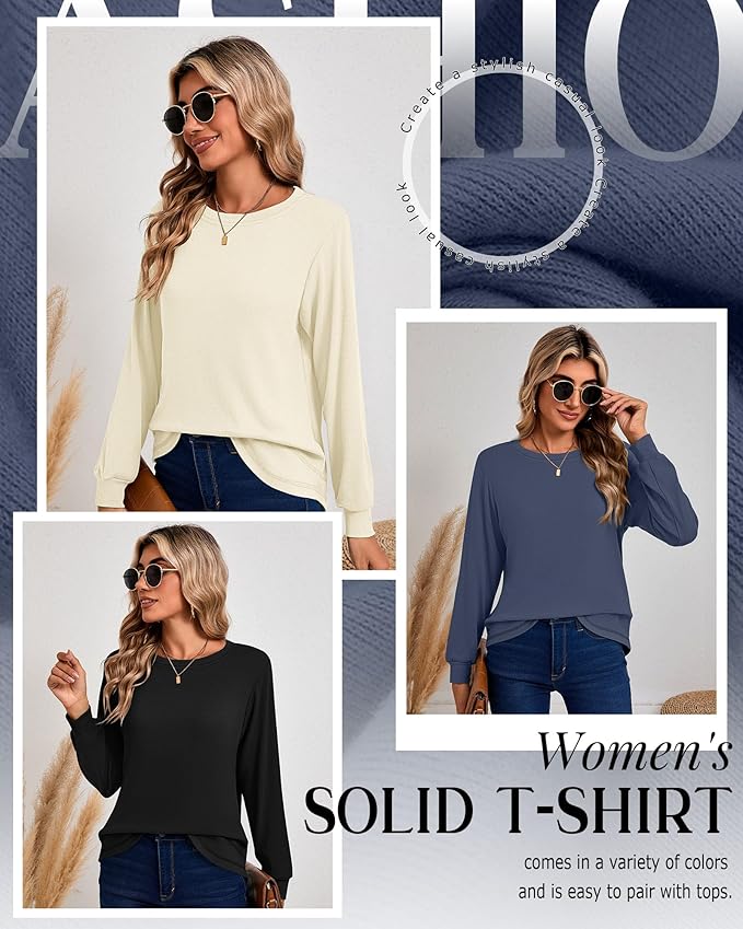 Ficerd 3 Pack Women's Long Sleeve Shirts, Cotton Crew Neck Tunic Tops Casual Loose Fit Pullover Sweatshirts Curved Hem Shirts