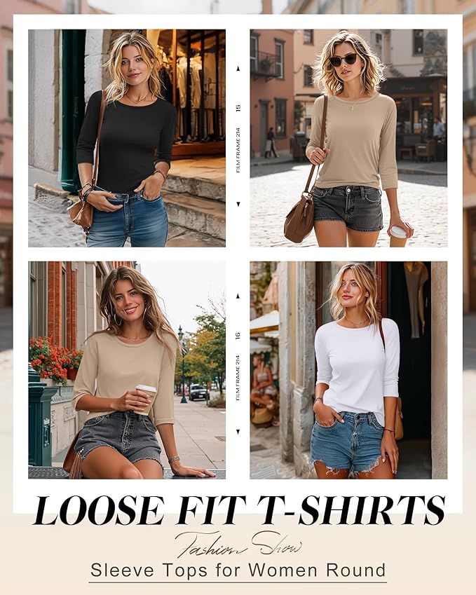 Ficerd 3 Pack 3/4 Sleeve Tops for Women Round Neck Dressy Basics Tees Casual Trendy Loose Fit T Shirts