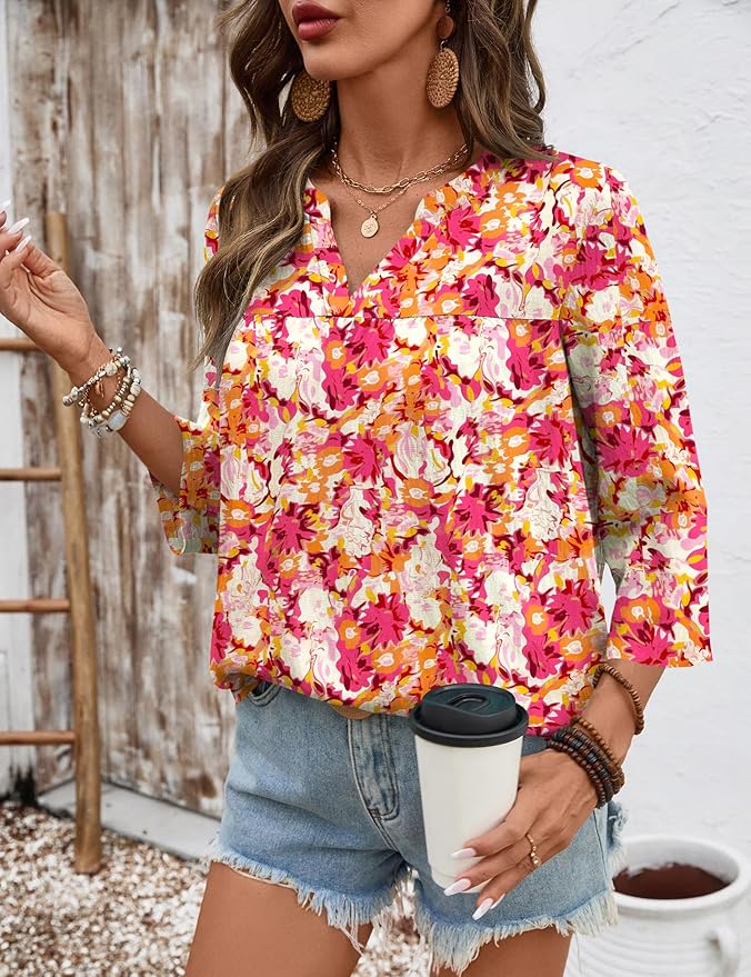 Rapbin Womens 3/4 Sleeve V Neck Floral Print Pleated Blouses for Women Dressy Casual Loose Fit Tops