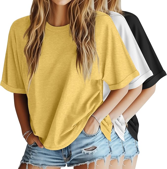 Riyiper 3 Pack Women's Oversized T-Shirt Half Sleeve Summer Tees Casual Loose Fit Crew Neck Basic Tops