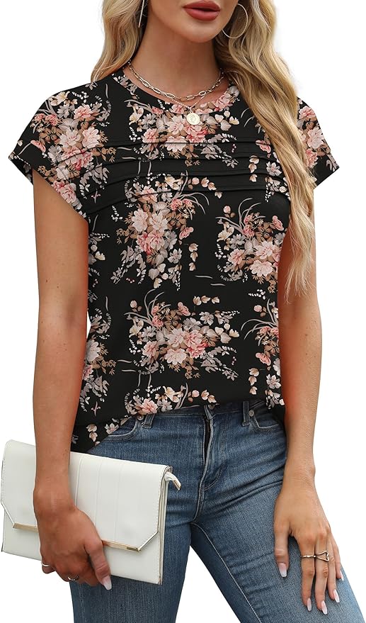 WEESO Womens Summer Tops Trendy 2026 Cap Sleeve T Shirts Crew Neck Pleated Front Beach Vacation Clothes Fashion