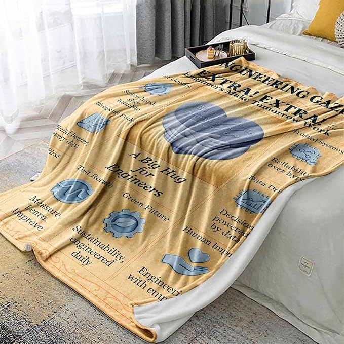 Engineer Appreciation Blanket 60x50, Soft Flannel Throw, Retro Newspaper Blueprint and Circuit Heart Design, Cozy STEM Gift for Graduation, Office or Dorm Decor, Geek Present for Men and Women