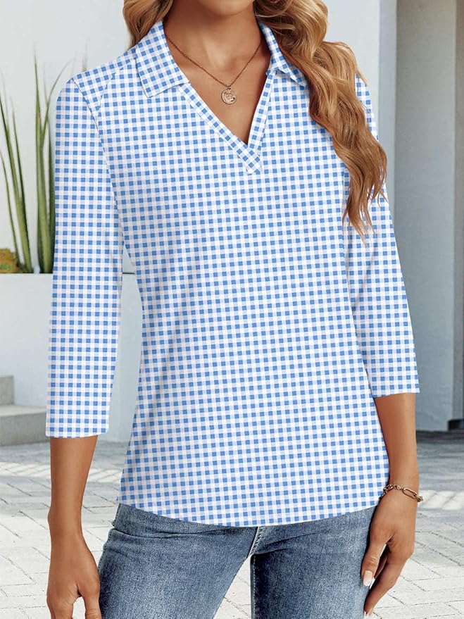 3/4 Length Sleeve Womens Tops Dressy Casual V Neck Polo Shirts Business Work Blouses 2025 Trendy Tunic Top