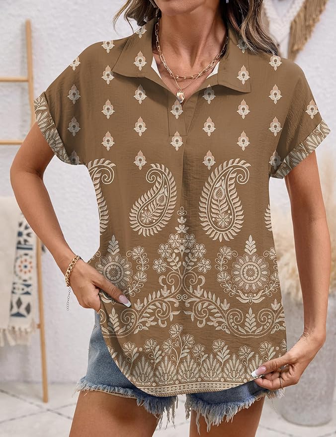 LOMON Women Blouses Spring Summer Tops for Women 2026 Short Sleeve V Neck Dressy Casual Collared Shirts Work Office