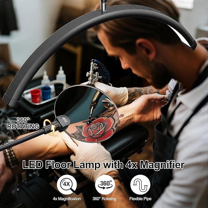 Half Moon Lash Light - Adjustable LED Floor Lash Lamp with 4X Magnifier & Phone Holder for Eyelash Extensions,Nail Art,Tattoo,Skincare,Salon SPA-Dimmable Brightness,Rotating Head, Black