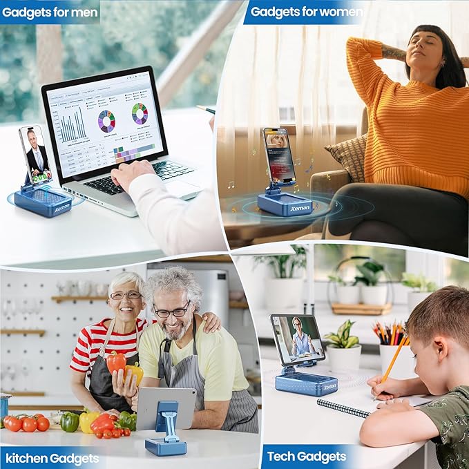 JTEMAN Phone Stand with Wireless Bluetooth Speaker, HD Surround Sound Bluetooth Speaker for Desk Perfect for Home Kitchen Gadgets Gifts,Compatible with iPhone/ipad/Samsung Galaxy(Blue)