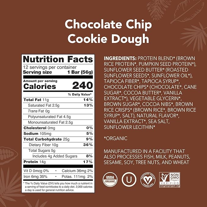 Aloha Organic Plant Based Protein Bars Chocolate Chip Cookie Dough, 1.98 Oz,(Pack of 12)