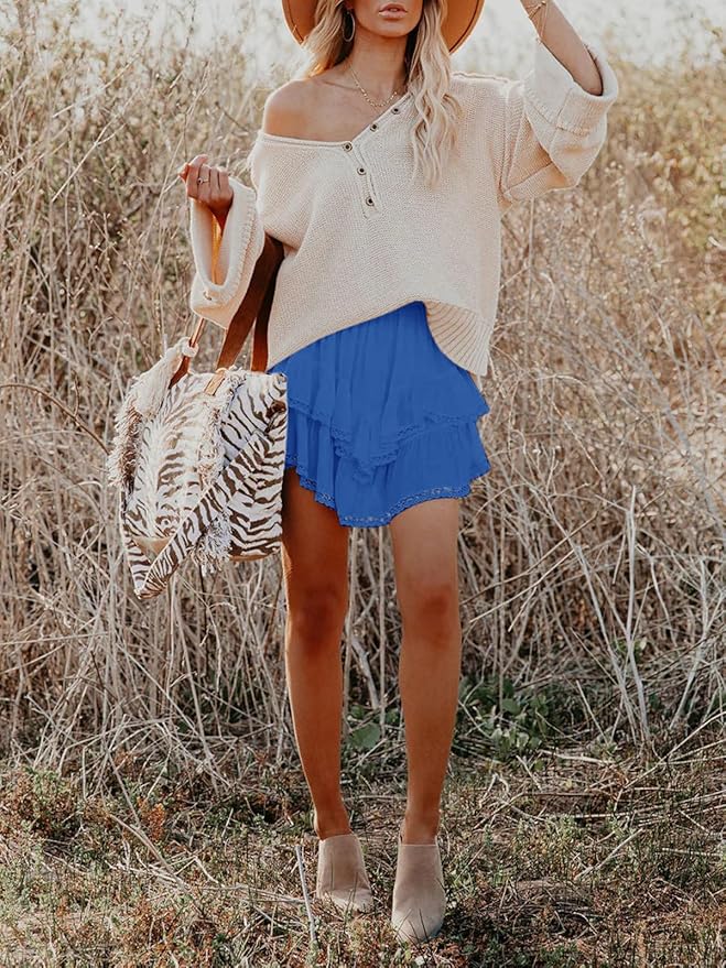 Aoudery Flowy Shorts for Women Casual Boho Ruffle Tiered Skorts High Waist Mini Skirts Golf Tennis Crochet Shorts