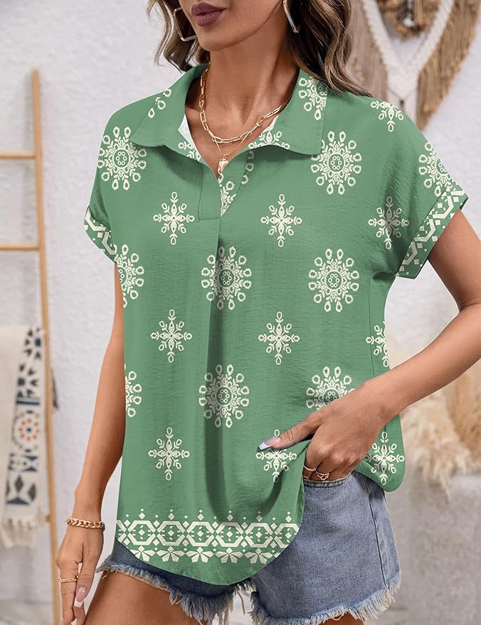 LOMON Women Blouses Spring Summer Tops for Women 2026 Short Sleeve V Neck Dressy Casual Collared Shirts Work Office