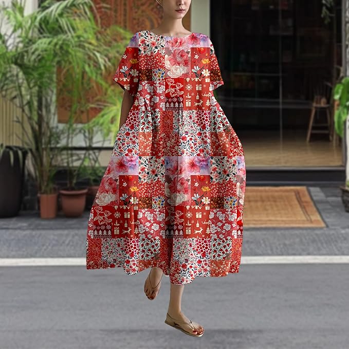 MARSVOVO Patchwork Flowy Dresses for Women Plus Size Loose Casual Tunic Dress Elegant Crewneck Maxi Dresses with Pockets