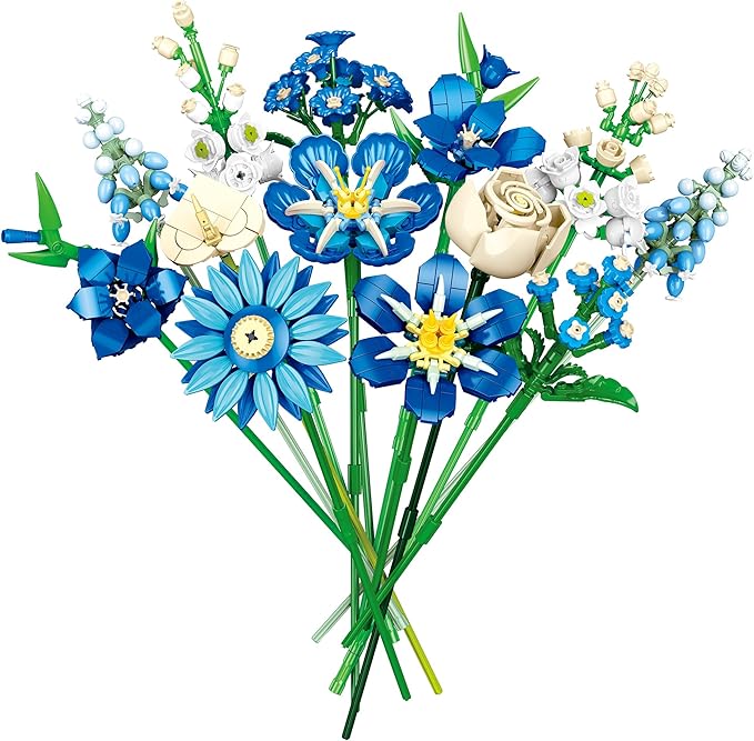 noziaa Flower Bouquet Building Blocks Set, Creative Blue Tulip Artificial Flower Plant Models, Home Decor or Idea Present for Adults and Kids, Valentine's Day Gifts for Girls, 766 PCS-JJ9240