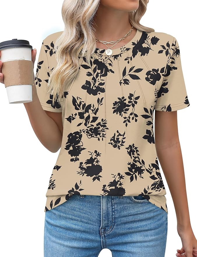 Kistore Womens Casual Crew Neck Short Sleeve Pleated Tops Blouses Fashion Clothes 2026