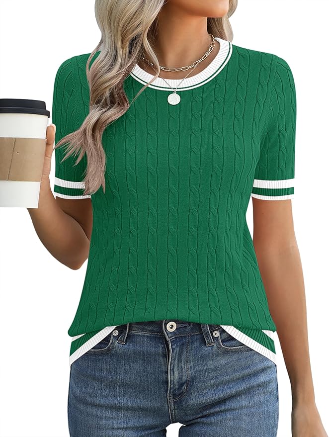 Micoson Womens Short Sleeve Cable Knit Sweater Tops Crewneck Lightweight Spring Summer Shirts Business Dressy Casual Outfits