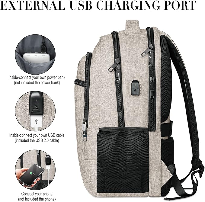 BIKROD Backpack for Women and Men, Extra Large School Backpacks for Teens, Water Resistant Back Pack with USB Charging Port Fits 17 Inch Laptop, Business Anti Theft Sturdy Computer Bag Gifts, Beige