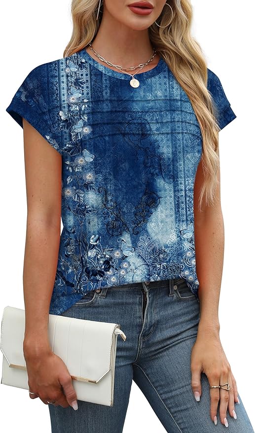 WEESO Womens Summer Tops Trendy 2026 Cap Sleeve T Shirts Crew Neck Pleated Front Beach Vacation Clothes Fashion