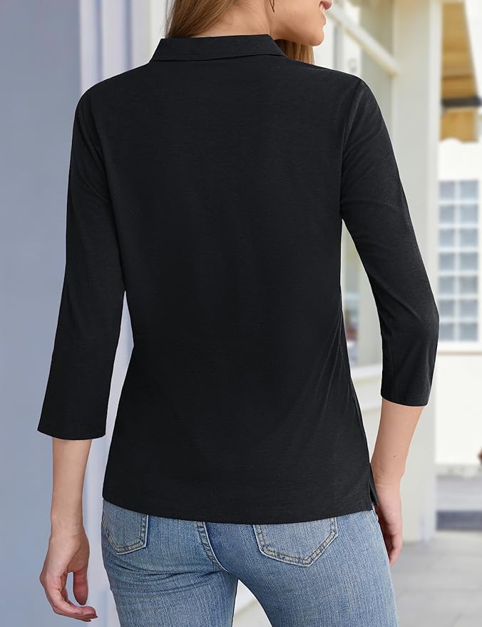 YUCOLEN Polo Shirts for Women 3/4 Sleeve Tops Golf Tees 5-Button Collared Cotton Shirt Business Casual