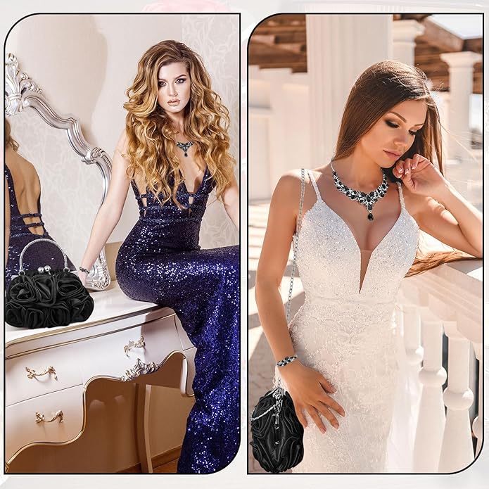 4 Pcs Flower Clutch Rhinestone Jewelry Set Rose Clutch Handbags with Detachable Strap Detachable Necklace Earrings Bracelets for Wedding Party Prom Valentine Gift