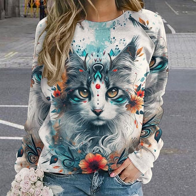 Spatofa Womens novelty funny cat printed crewneck sweatshirt casual loose long sleeve graphic pullover sweatshirts tops