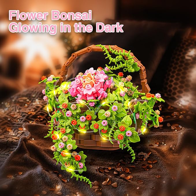SATHIBI Flower Bouquet Building Set, Flowers Basket Bonsai Plants with Light, Botanical Collection Wall Decor, Creative Building Toy Gift for Adults (691 PCS)