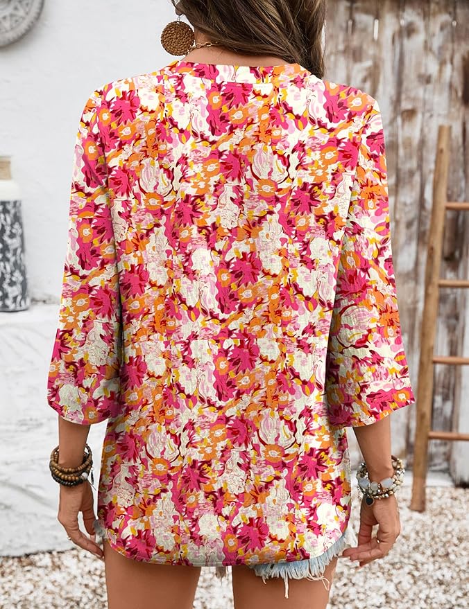 Rapbin Womens 3/4 Sleeve V Neck Floral Print Pleated Blouses for Women Dressy Casual Loose Fit Tops