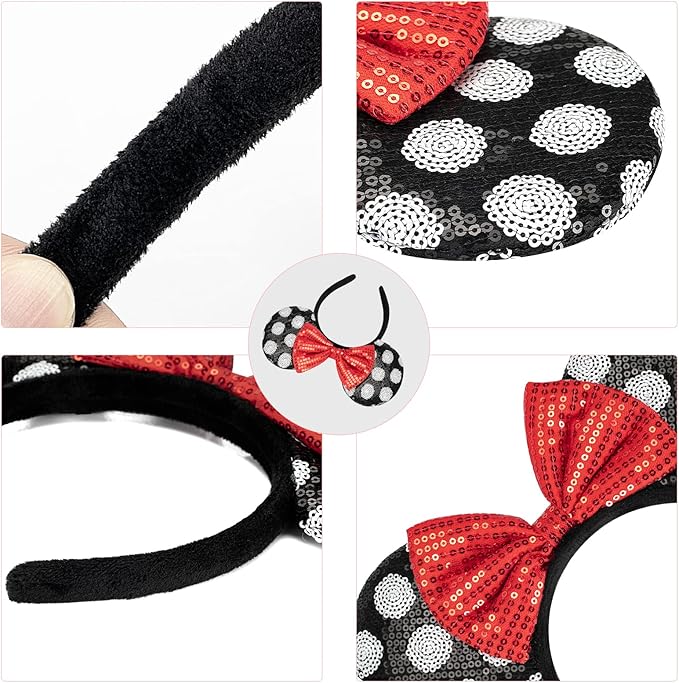 YUNISS 2 PCS Mouse Ears, Shiny Sequin Bow Mouse Ears Headbands for Adult Women Girls Christmas Birthday Party