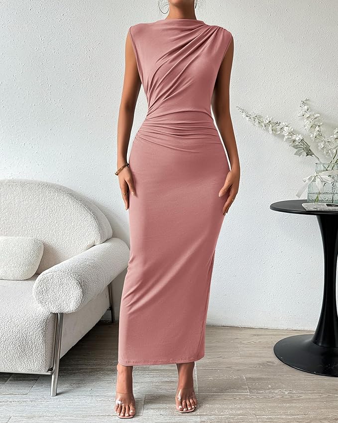 BTFBM Women's Ruched Bodycon Dress Summer Casual Sleeveless Lightweight Back Slit Elegant Club Party Cocktail Maxi Dresses