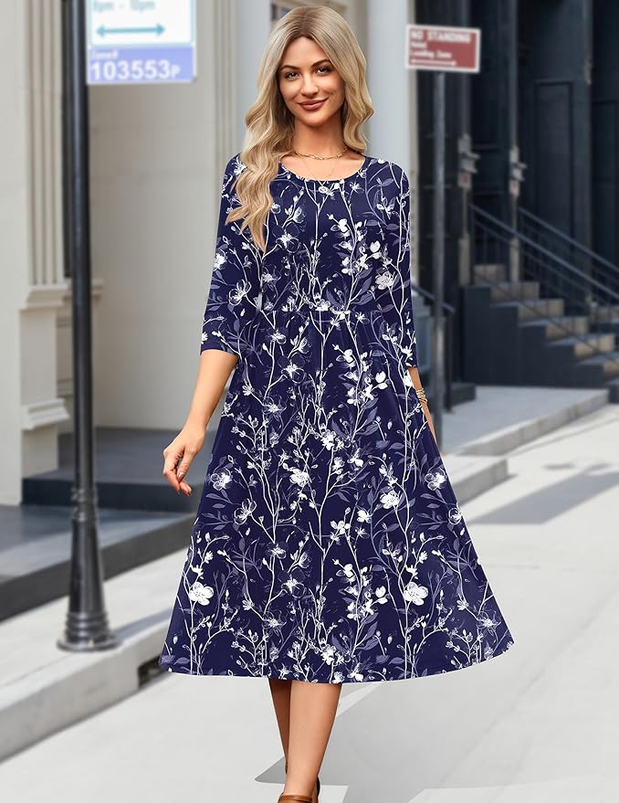 Zeagoo 3/4 Sleeve Women's Dress Casual Flowy A-Line Midi Tshirt Dresses with Pockets Crewneck Vocation Boho Beach Sundress