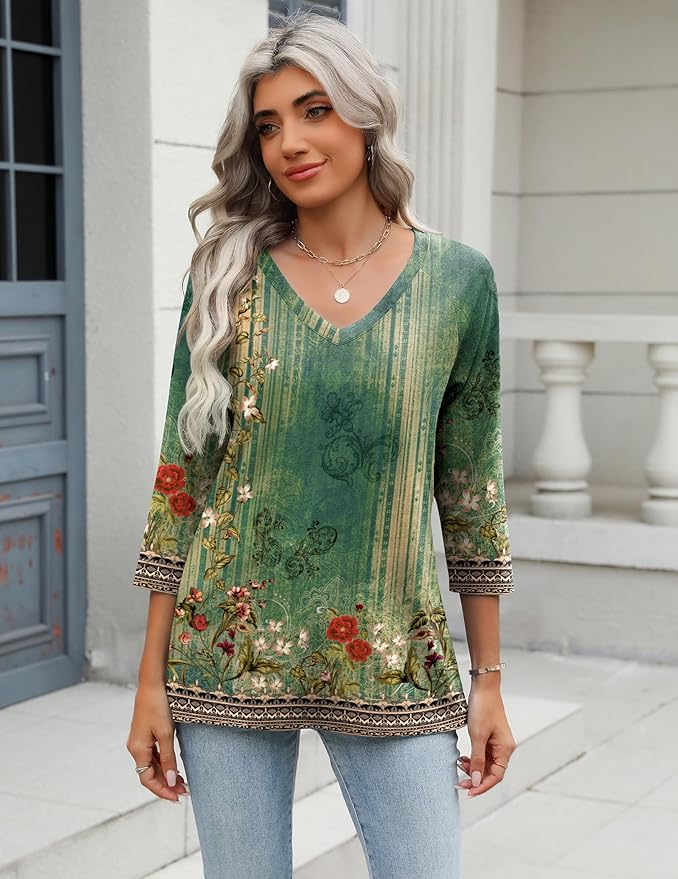 Zeagoo 3/4 Length Sleeve Womens Tops Casual V Neck Shirts Soft Basic Tees Business Work Blouses