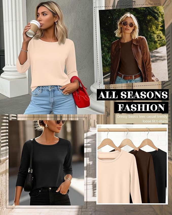Ficerd 3 Pack 3/4 Sleeve Tops for Women Round Neck Dressy Basics Tees Casual Trendy Loose Fit T Shirts