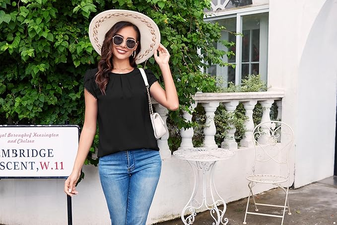 TASAMO Women's Casual Round Neck Basic Pleated Top Cap Sleeve Curved Keyhole Back Chiffon Blouse