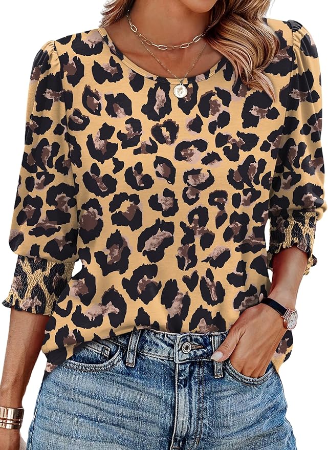 XIEERDUO Blouses for Women Dressy Casual 3/4 Length Sleeve Womens Tops with Smocked Cuffs