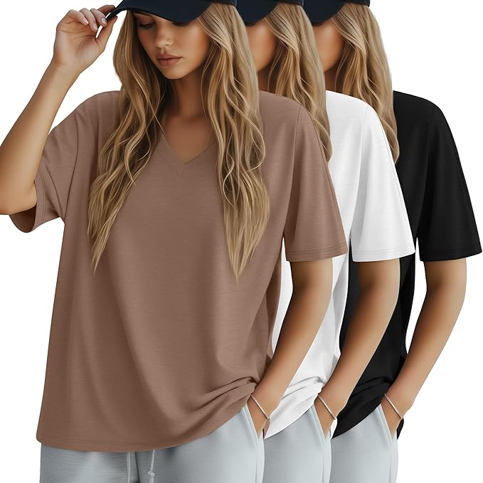 Huukeay Women's Cotton Oversized T Shirts 3 Pack V Neck Loose Fit Half Sleeve Tops Baggy Casual Summer Gym Workout Tees 2026