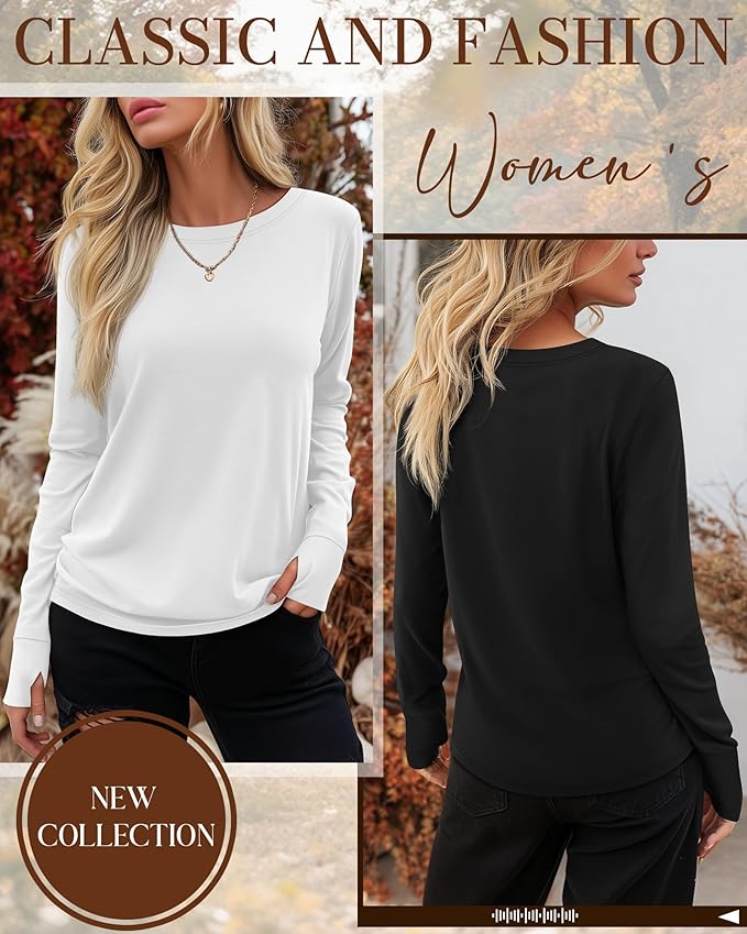 Huukeay 3 Pack Women's Long Sleeve Shirts with Thumb Holes, Cotton Casual Crew Neck Tunic Tops Fall Loose Y2k Trendy Outfits