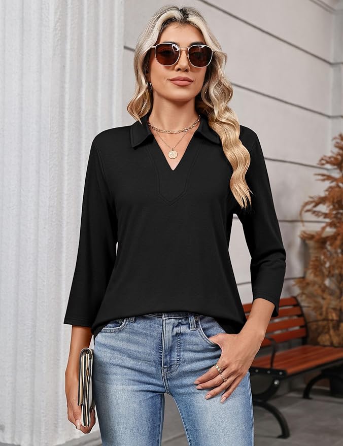LOMON 3/4 Length Sleeve Womens Tops 2026 Spring Summer Collared Polo Shirts V Neck Casual Basic Polos Tees Shirt
