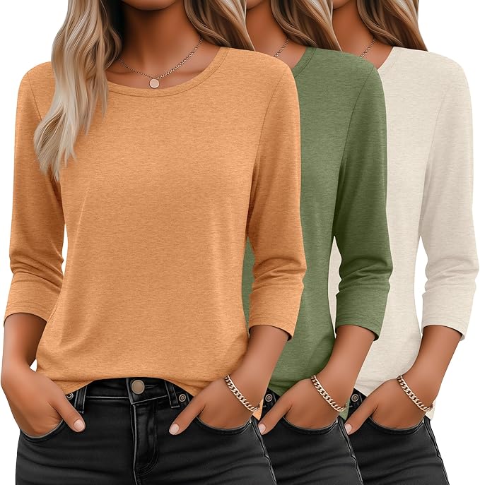 Ficerd 3 Pack 3/4 Sleeve Tops for Women Round Neck Dressy Basics Tees Casual Trendy Loose Fit T Shirts
