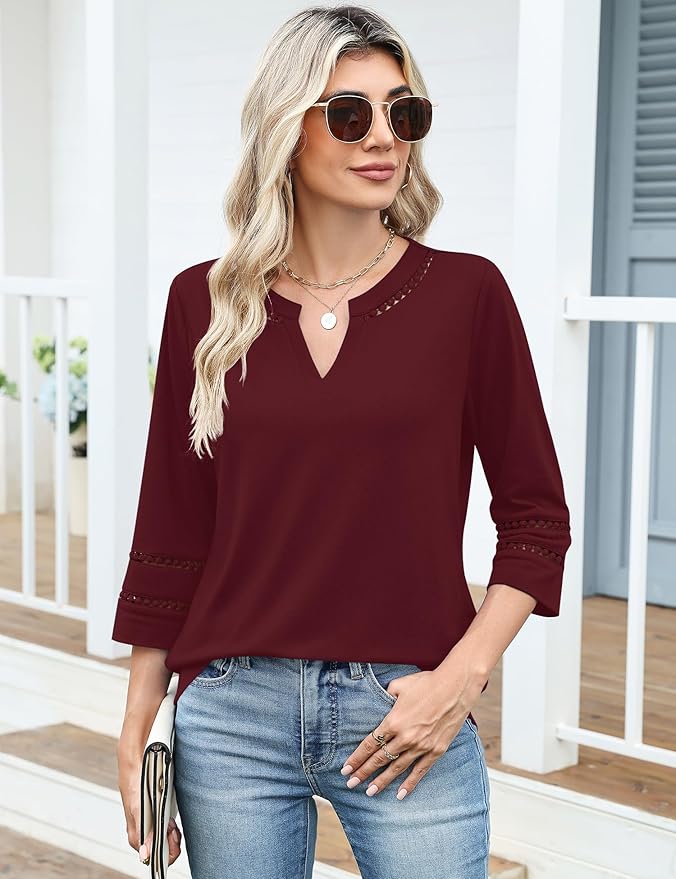 Ivicoer 3/4 Length Sleeve Womens Tops V Neck Lace Embroidered Summer Blouses Loose Fit Tunic Dressy Casual