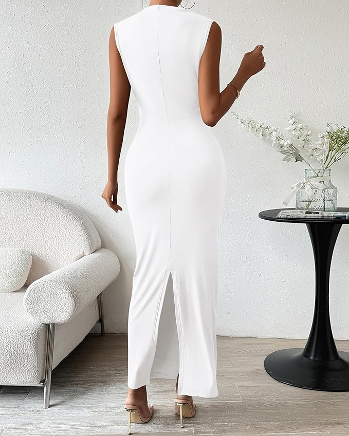 BTFBM Women's Ruched Bodycon Dress Summer Casual Sleeveless Lightweight Back Slit Elegant Club Party Cocktail Maxi Dresses
