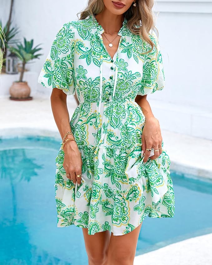 BTFBM Women Summer Floral Short Dresses V Neck Short Sleeve Tiered Ruffle Boho Swing Dress A-Line Mini Dresses