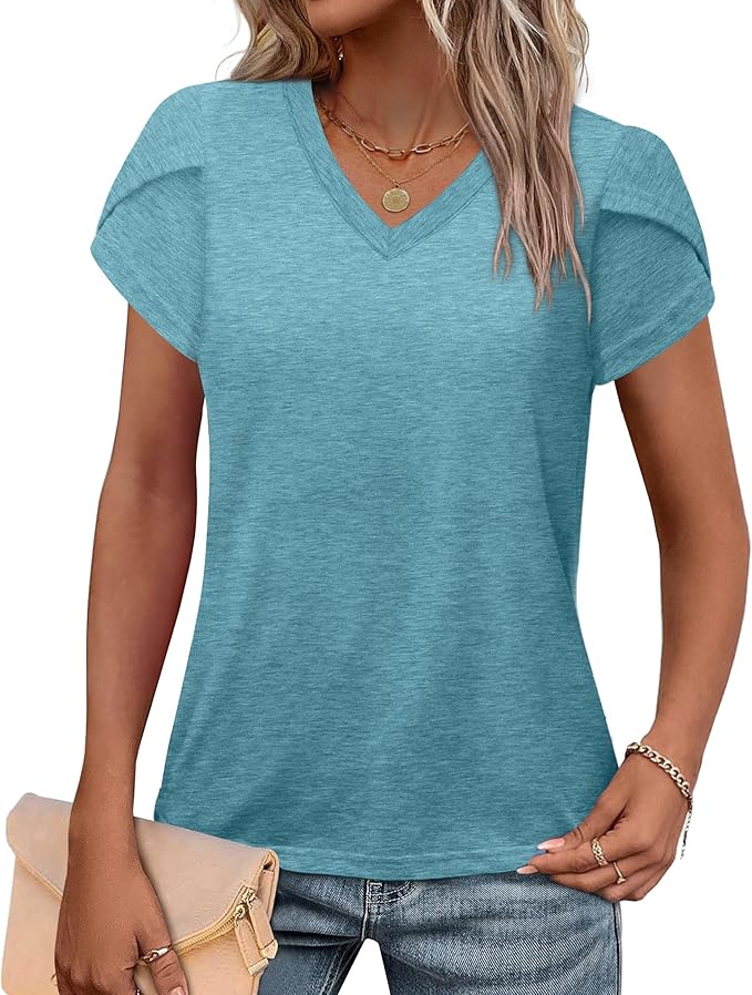 WIHOLL Womens Tops V Neck Summer Petal Sleeve Casual Tshirts