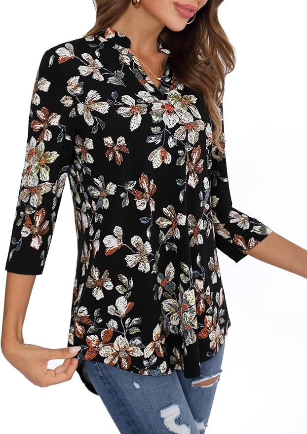BAISHENGGT 3/4 Sleeve Tops for Women Notch V Neck Floral Work Blouses Dressy Casual Loose Fit Going Out Tunic Tops
